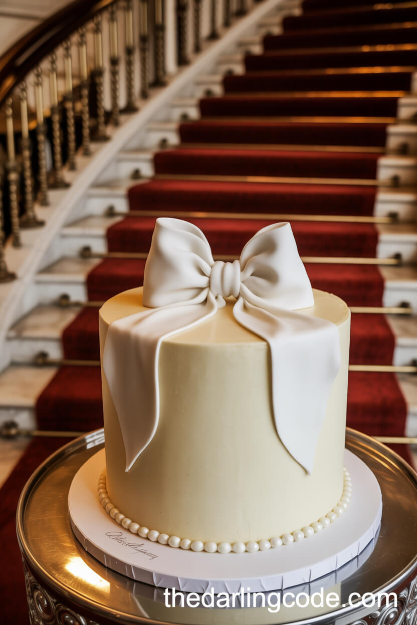 Ivory Cake with Fondant Bow and Pearl Drops