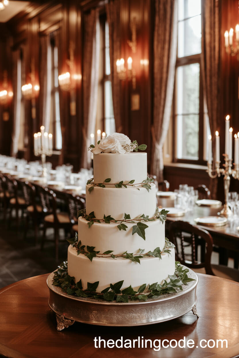 White Wedding Cake with Ivy Garlands and Ivory Roses