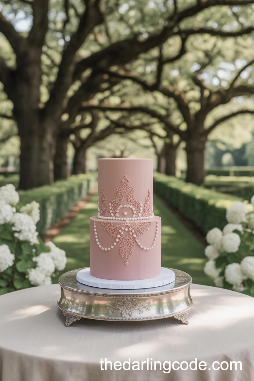 Dusty Rose Cake with Edible Lace and Pearl Accents