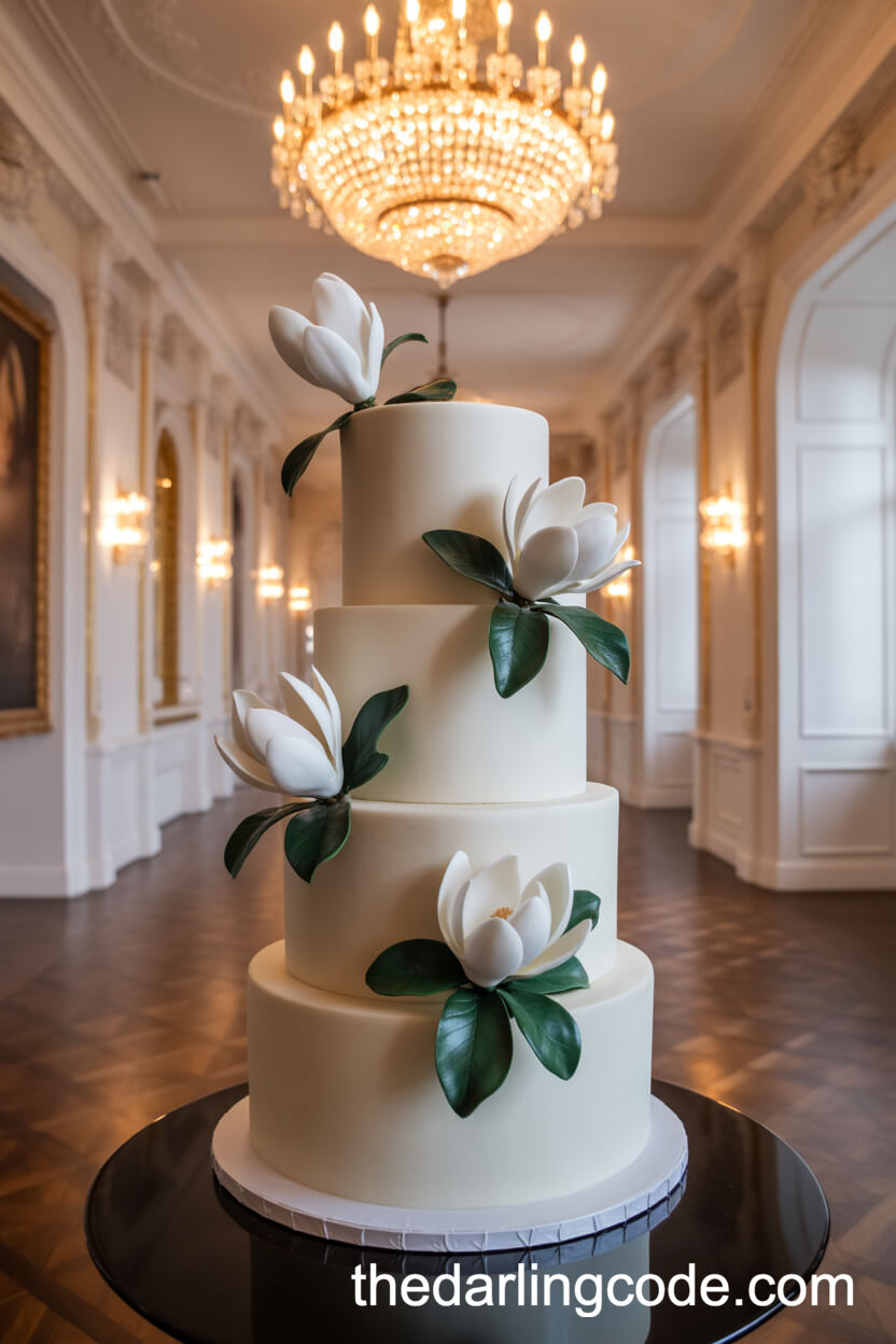 Four-Tier Cake with Sugar Magnolias and Waxy Leaves