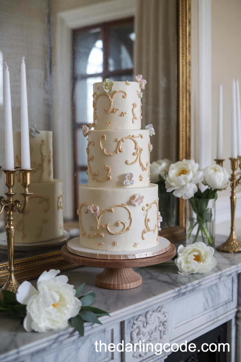 Tall Baroque-Inspired Cake with Pale Gold Scroll Piping
