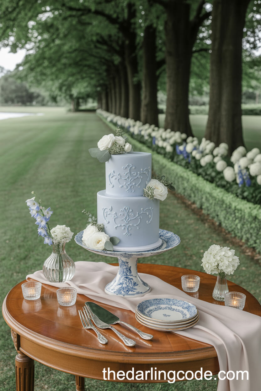 Dove Grey Cake with Blue Scrollwork and Garden Roses