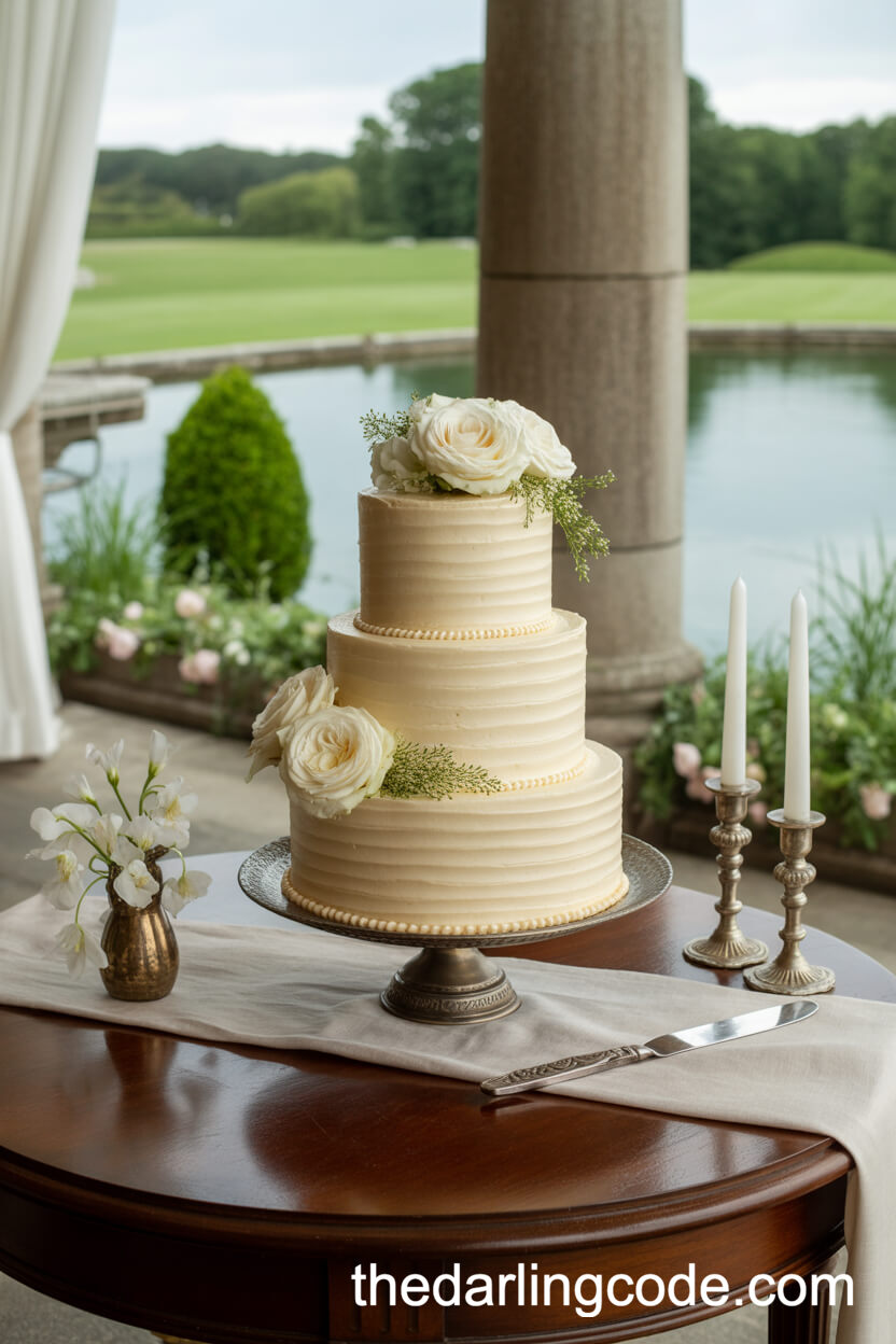 Classic Buttercream Cake with White Roses and Greenery