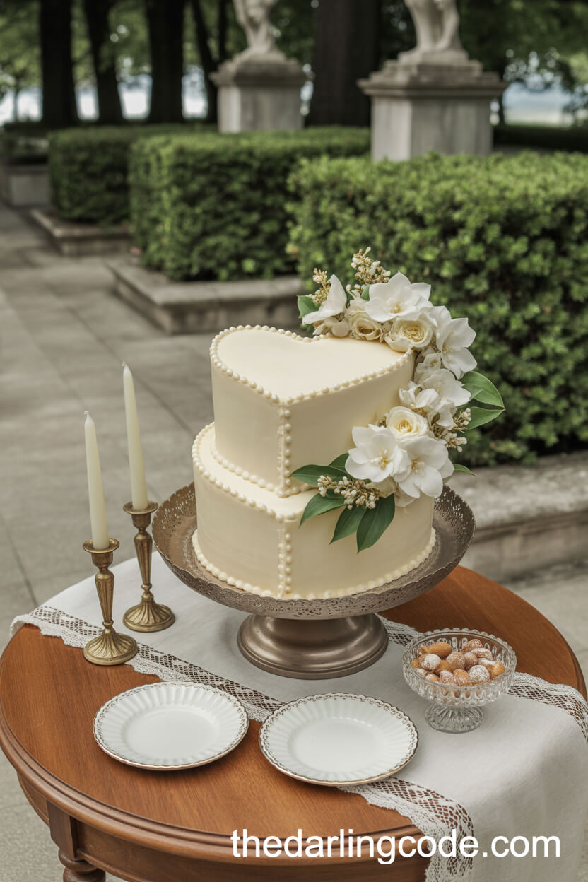 Heart-Shaped Ivory Cake with Scalloped Piping and Gardenias