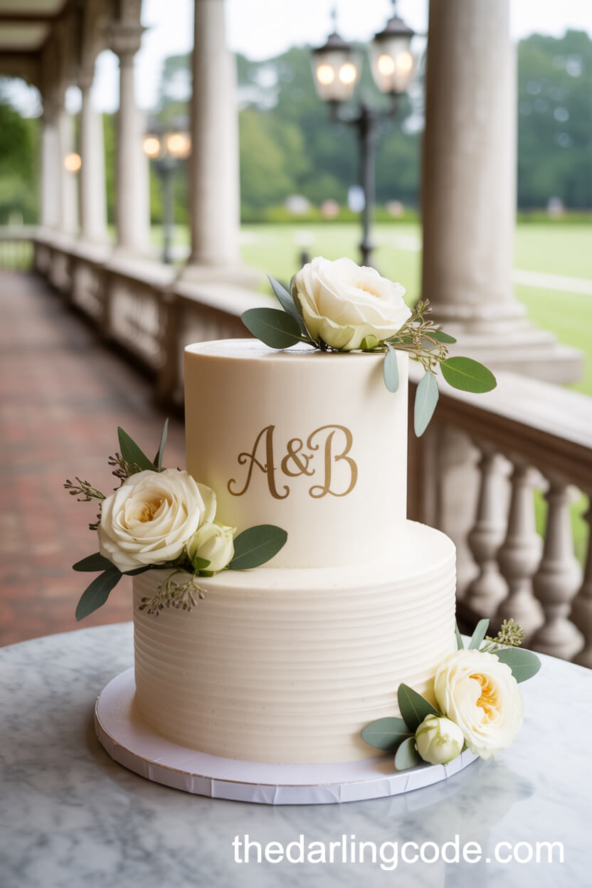 White Cake with Gold Monogram and English Greenery