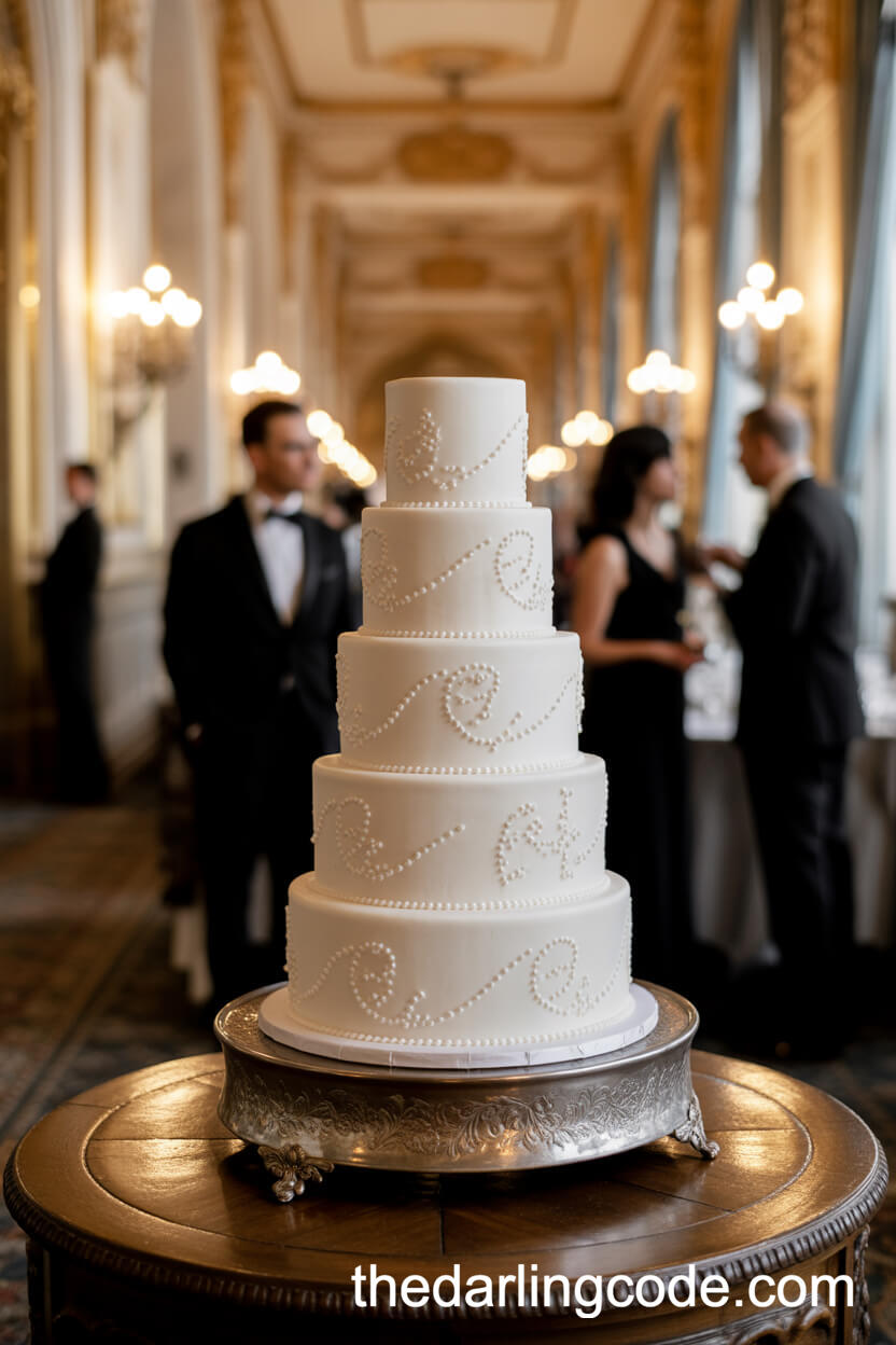 Ivory Wedding Cake with Sugar Pearls and Floral Motifs