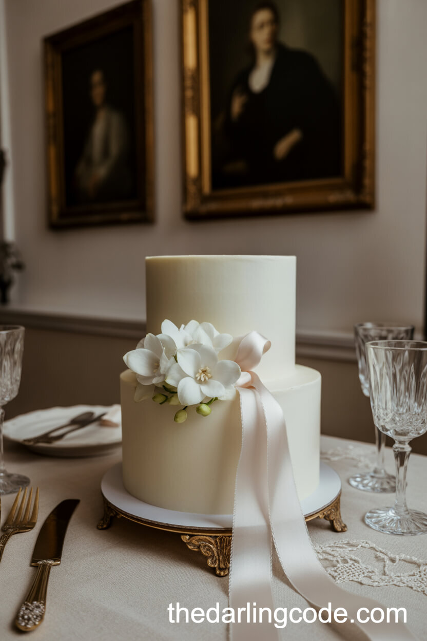 Minimalist All-White Cake with Silk Ribbon and Gardenias
