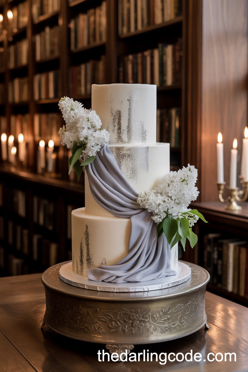 Cake with Hand-Painted Silver Details and Satin Drape
