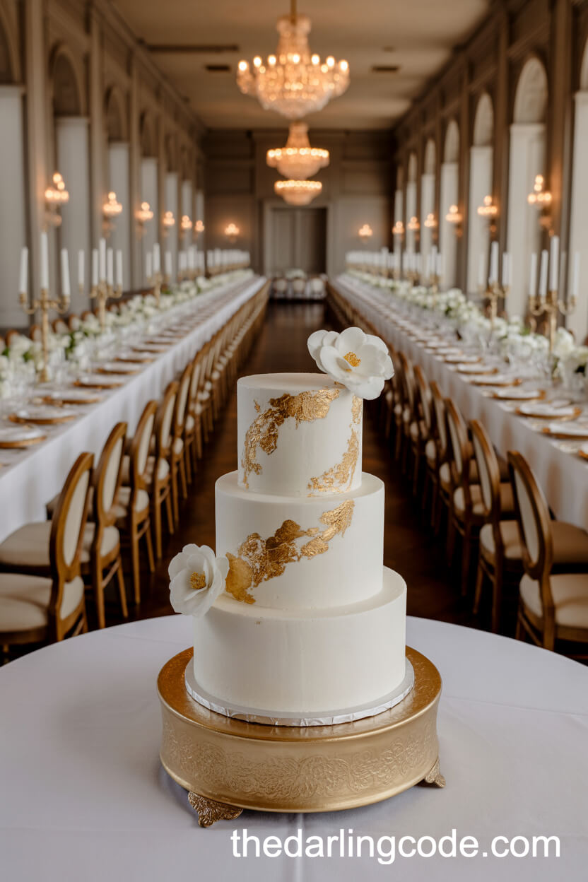 Three-Tier Cake with Gold Leaf Trim and White Camellias