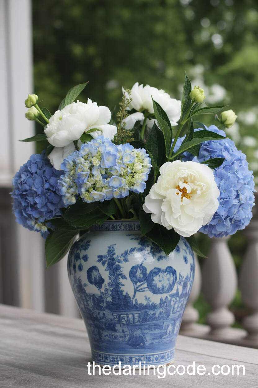 Blue And White Chinoiserie Vase With Hydrangeas And Peonies