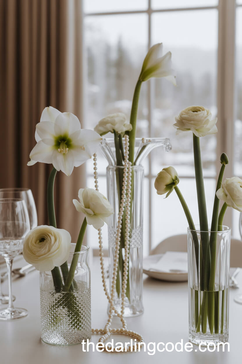 Crystal Vases With Amaryllis Ranunculus And Pearl Strands