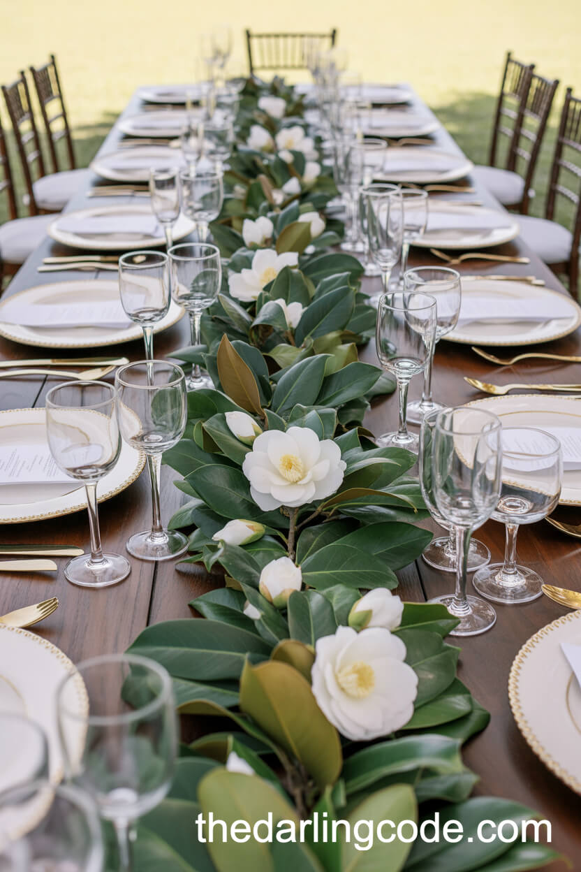 Magnolia Leaf Garland With White Camellias
