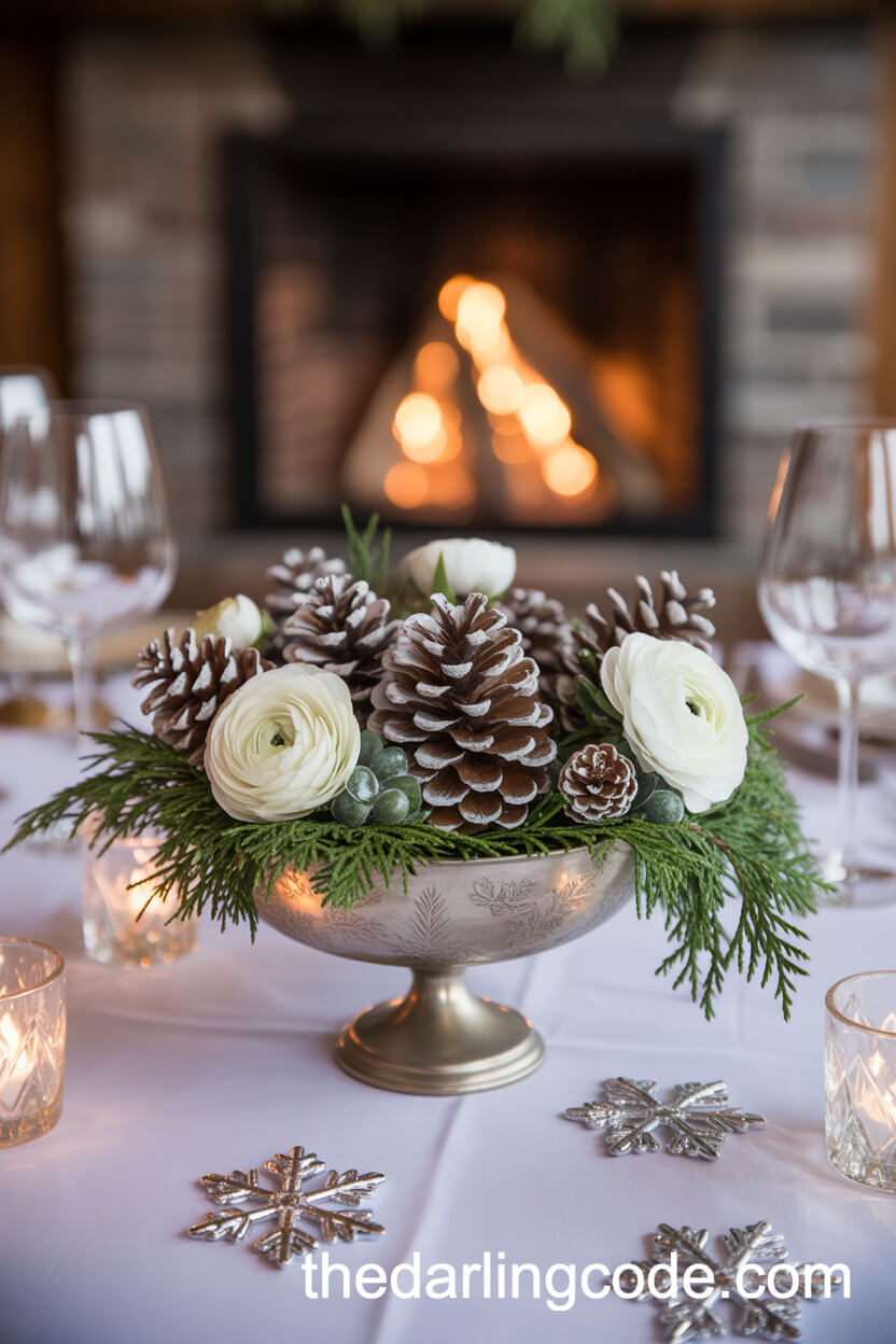 Silver Bowl With Frosted Pinecones Cedar And Ranunculus