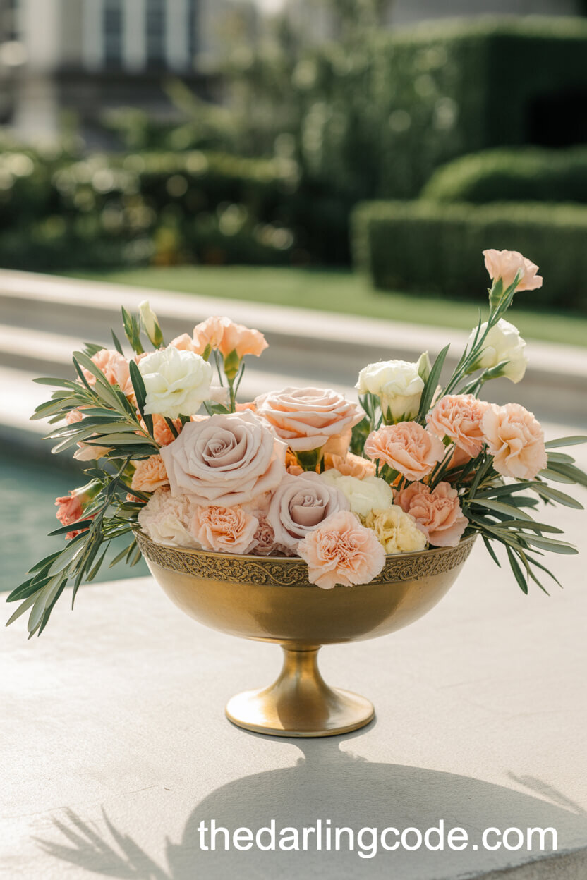 Gold Compote Bowl With Roses, Carnations, And Olive Branches