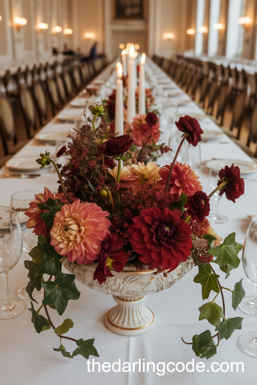 Porcelain Urn Overflowing With Autumn Dahlias And Ivy