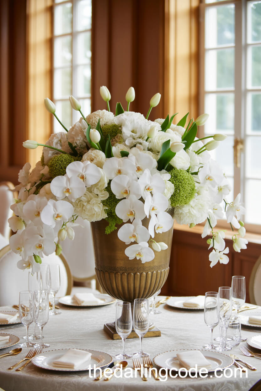 Antique Gold Urn With Cascading Orchids And Tulips