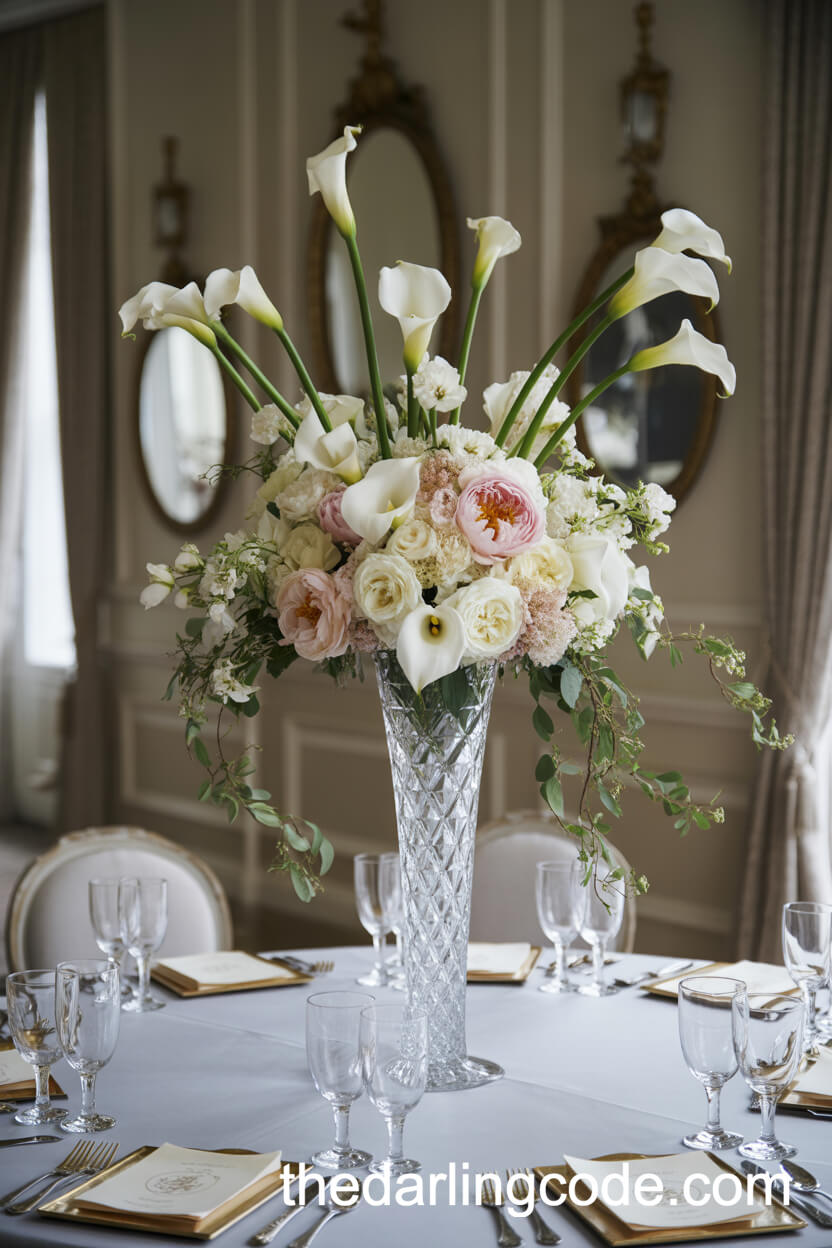 Tall Crystal Vase With Calla Lilies Peonies And Garden Roses