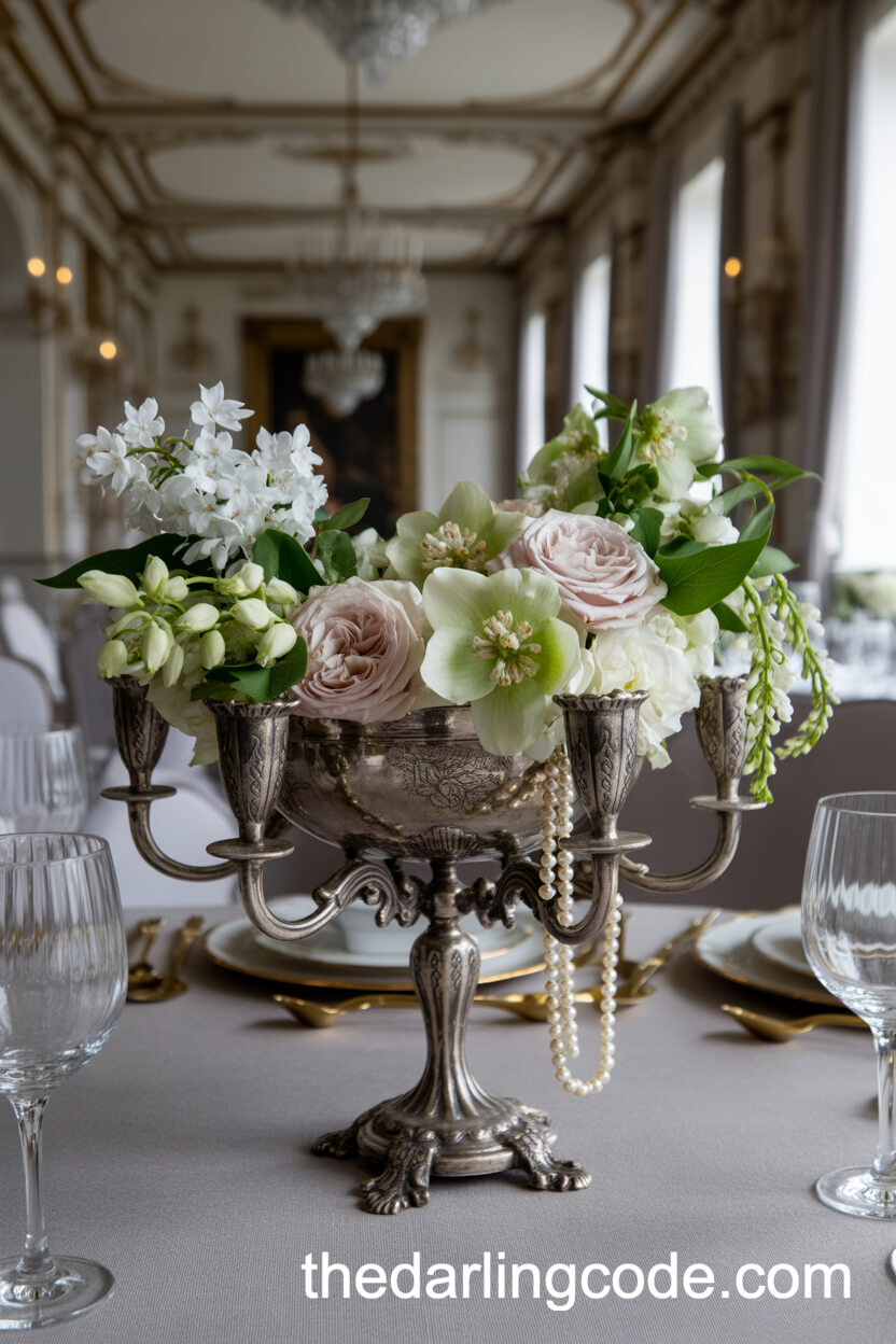 Antique Silver Epergne With Spring Florals And Pearls