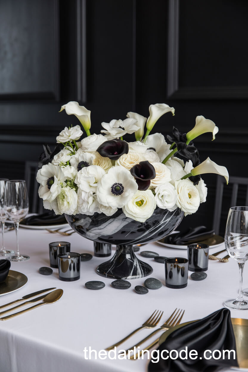 Marble Pedestal Bowl With White Anemones And Black Calla Lilies