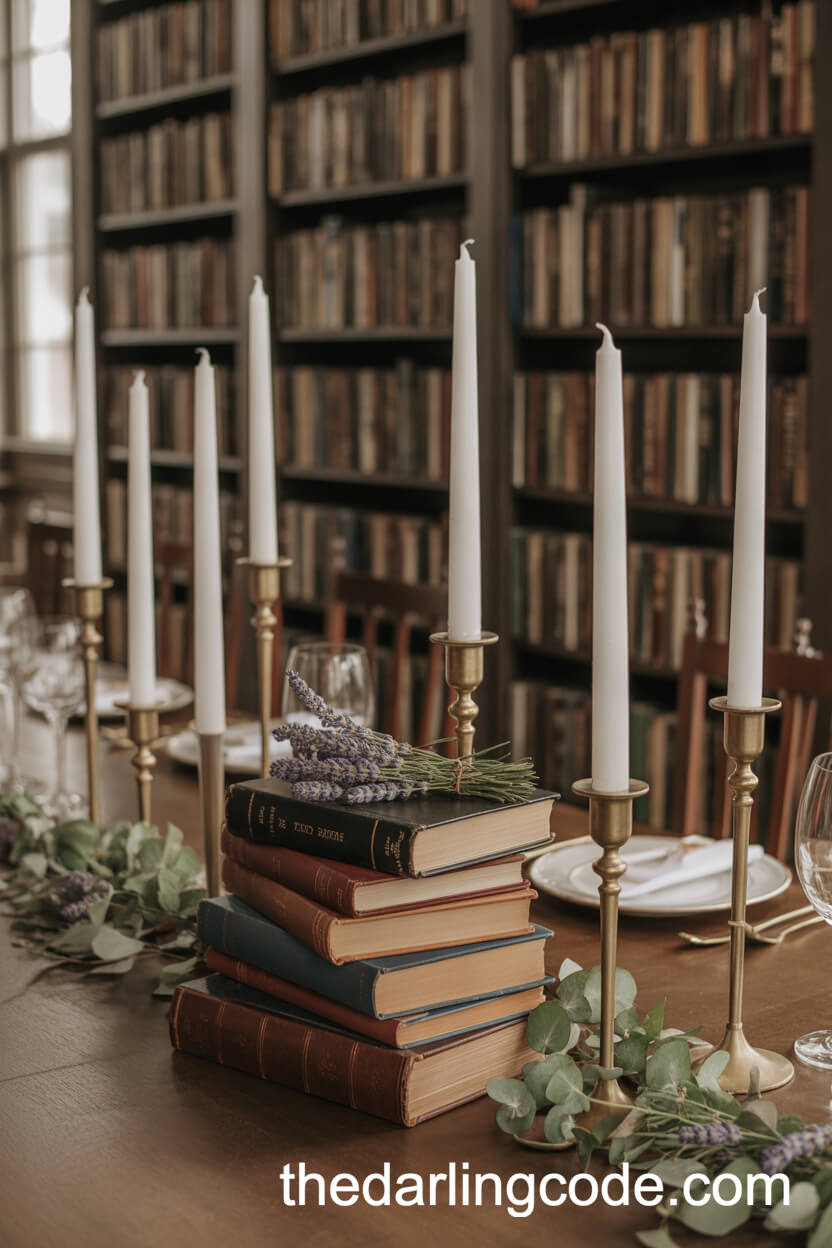 Antique Books And Brass Candlesticks With Lavender