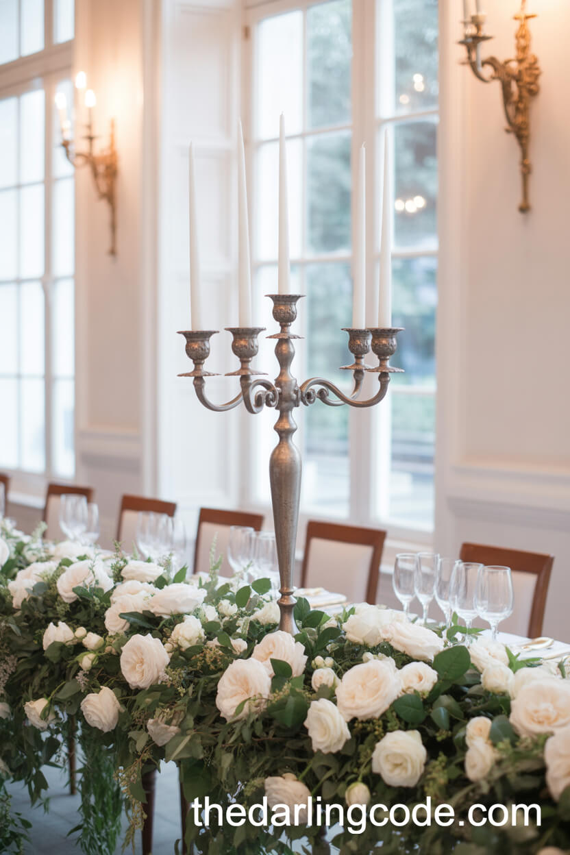 Ornate Silver Candelabra With White Roses And Greenery