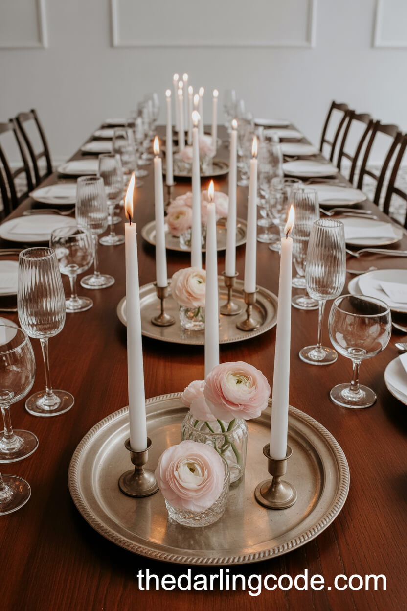 Vintage Silver Trays With Ivory Candles And Ranunculus