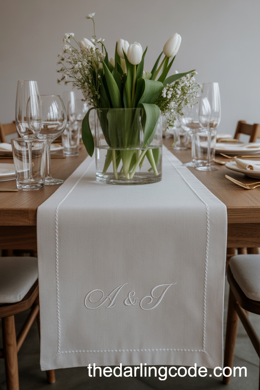 Monogrammed Linen Runner With White Tulips And Wildflowers