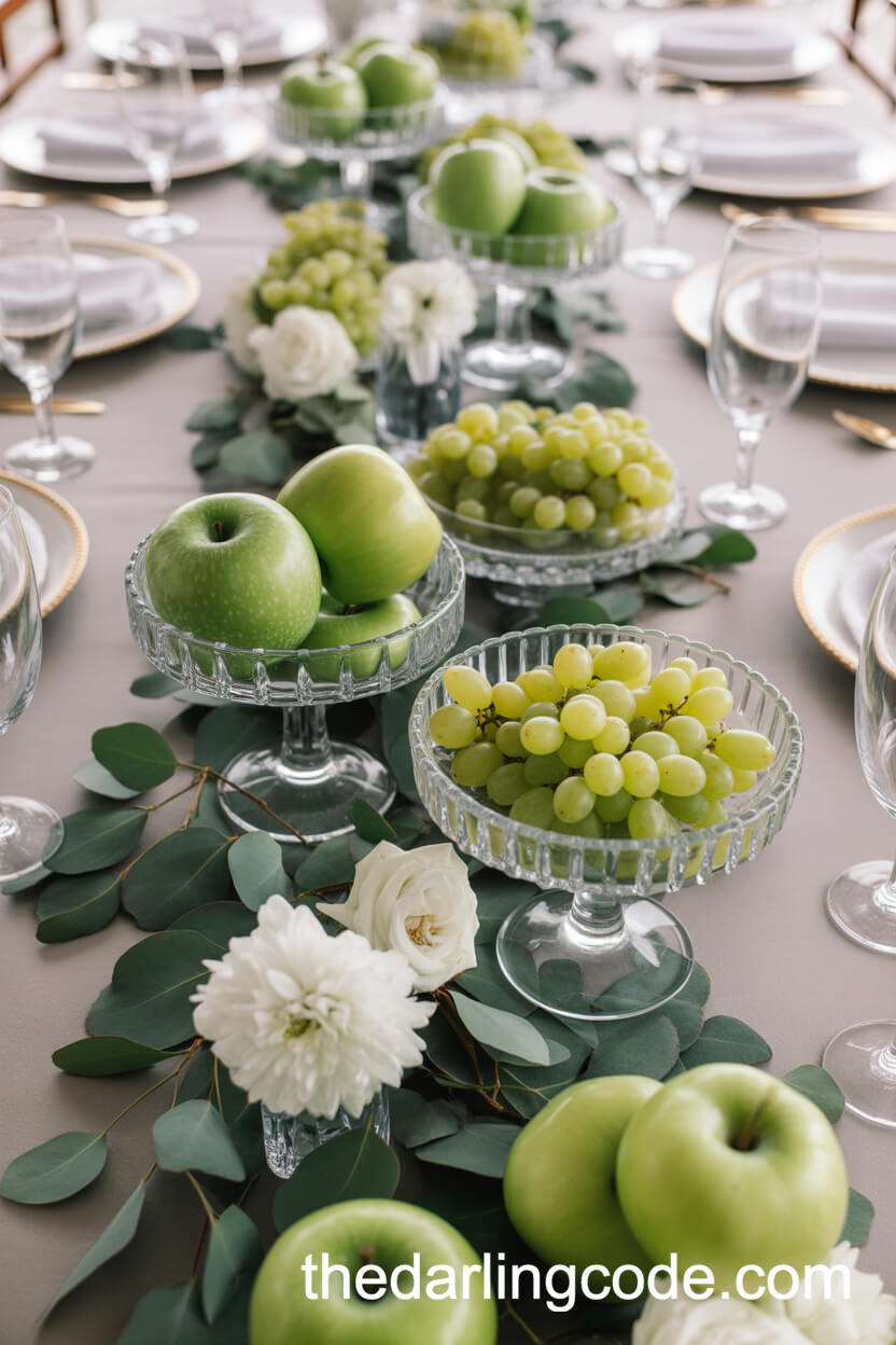 Crystal Compote Dishes With Apples, Grapes, And White Flowers