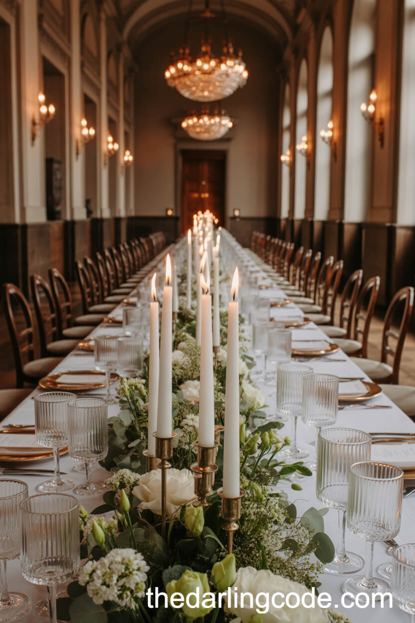 Candlelit Dining Hall with Ivory Linens and Green Florals