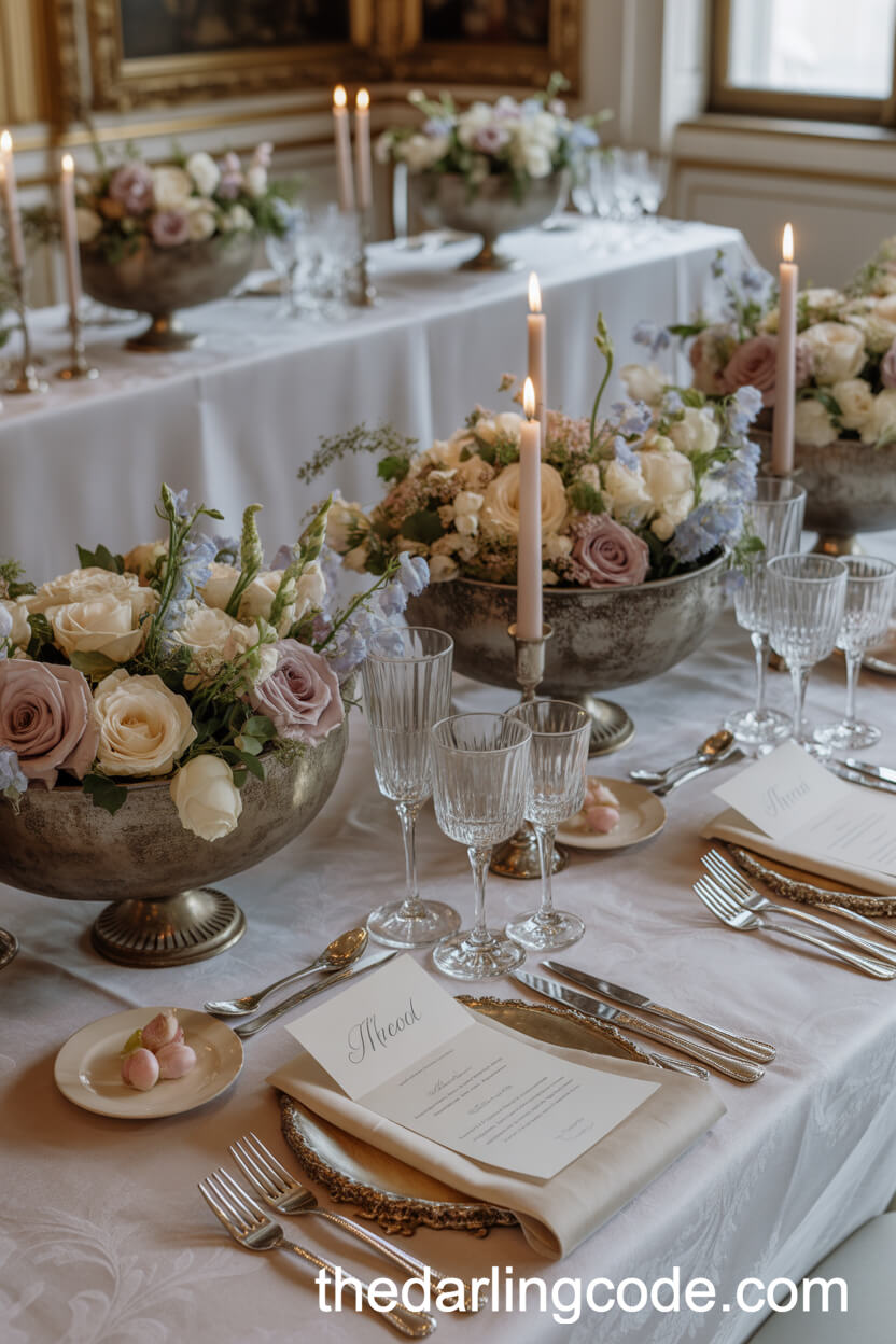 Low Pastel Centerpieces in Silver Bowls for Manor Receptions