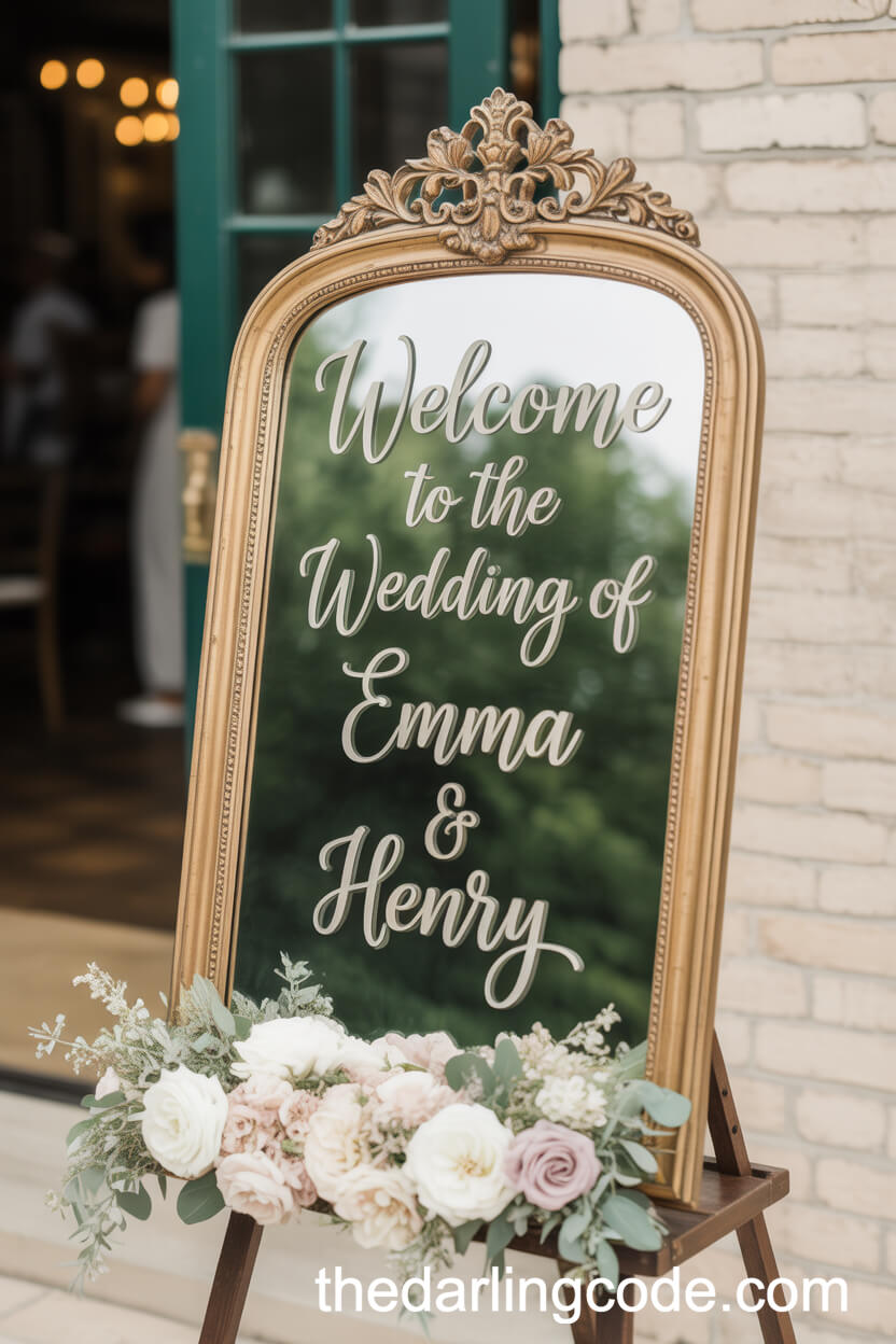 Gilded Mirror Welcome Sign with Floral Accents