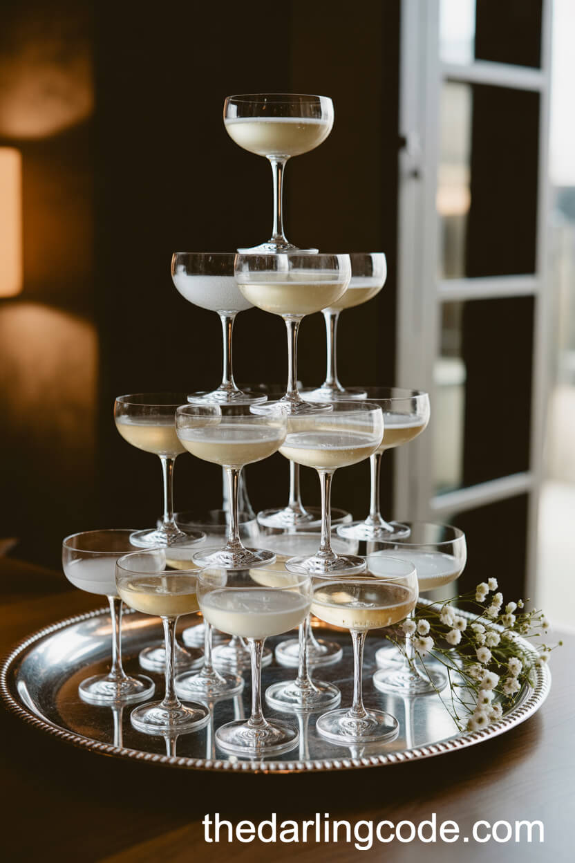 Old Money Champagne Tower with Blossoms and Silver Tray