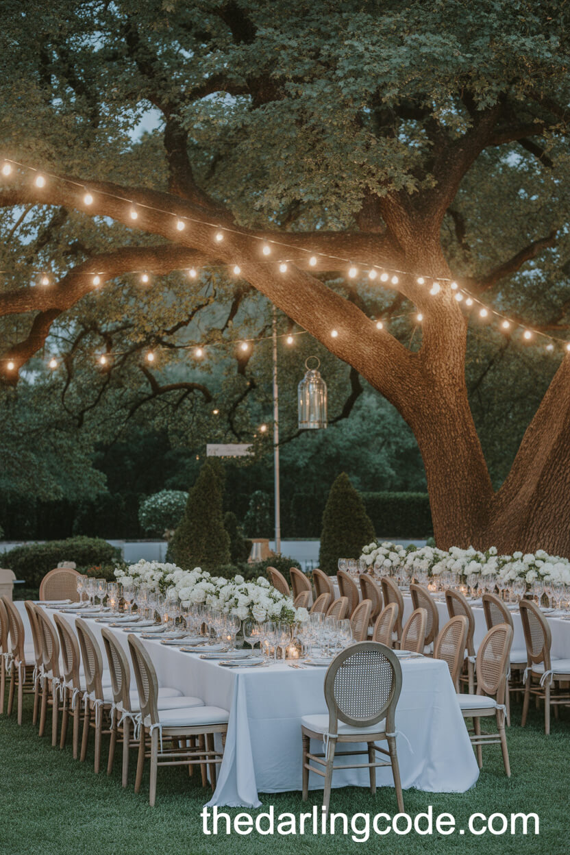 Evening Garden Reception with String Lights and Lanterns