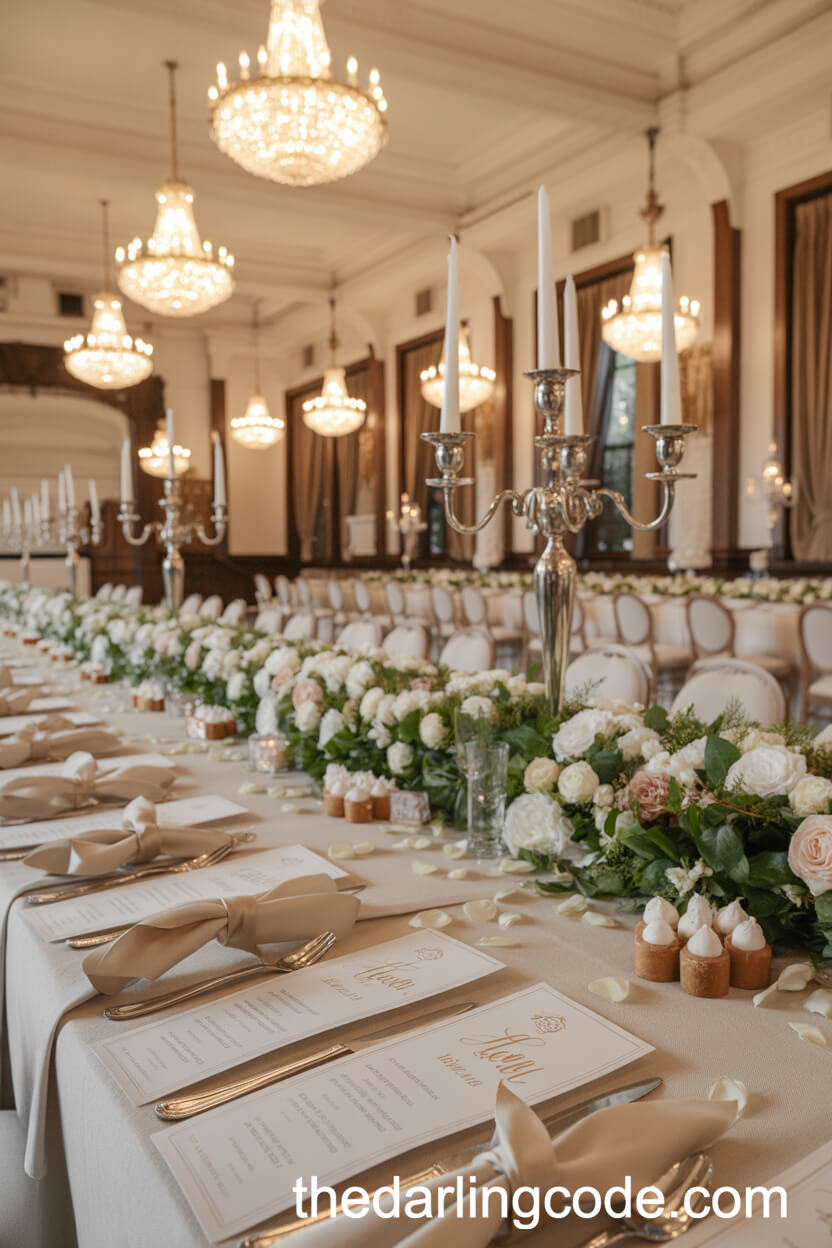 Elegant Ballroom Tablescape with Crystal Chandeliers