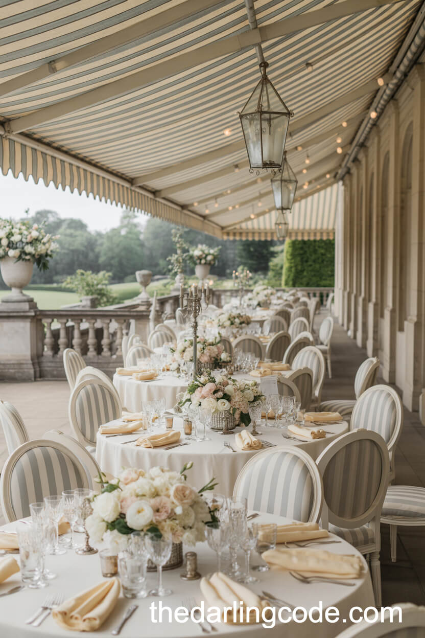 Summer Veranda Cocktail Hour with Matching Tables and Awnings