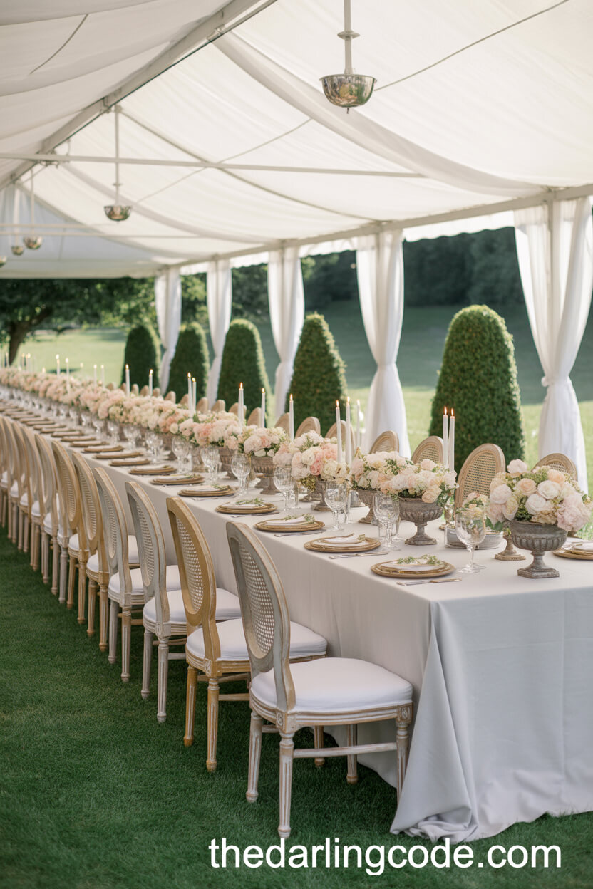 Garden Pavilion Dinner with Flower-Filled Silver Urns