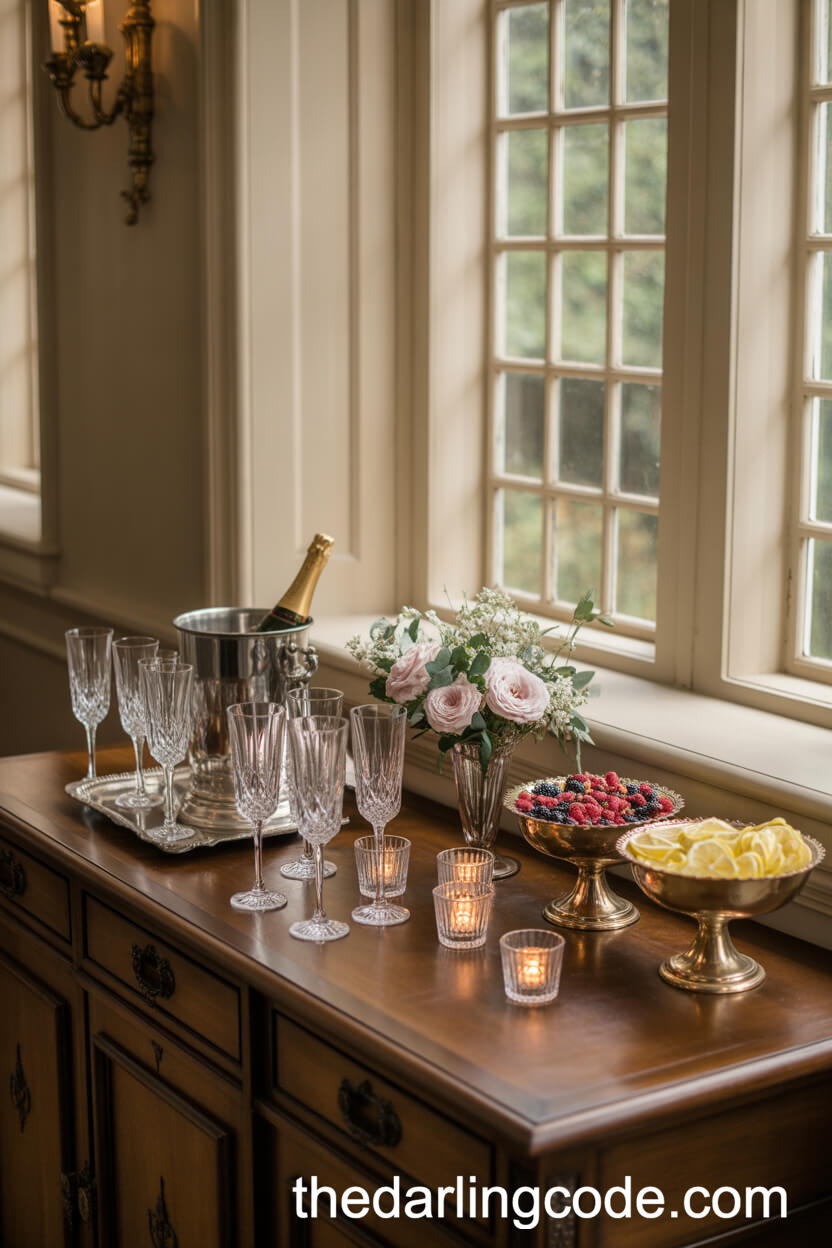Antique Bar Cart Champagne Station with Crystal Glassware
