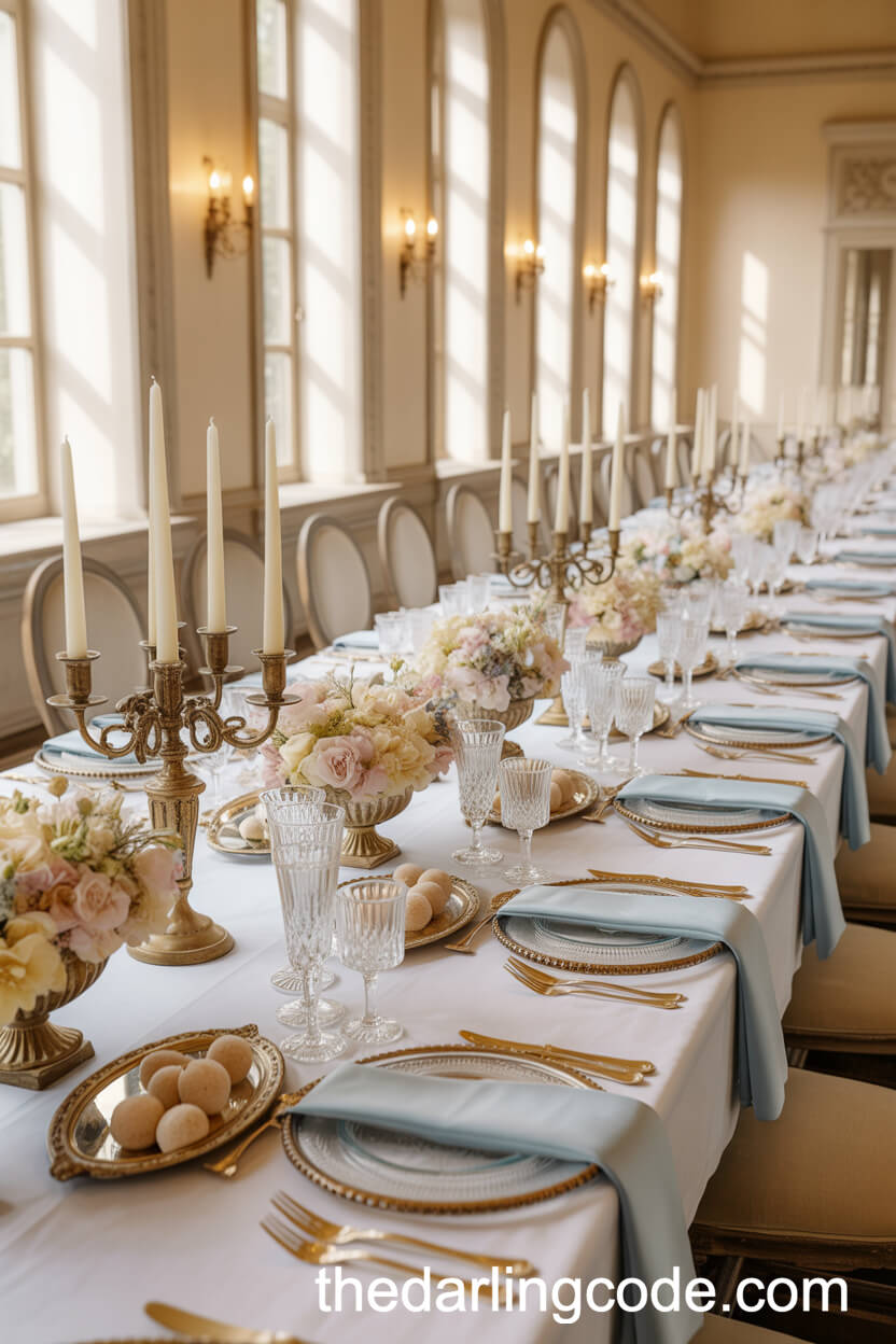 Formal Dining Hall Table with Blue Silk Runners and Candlelight