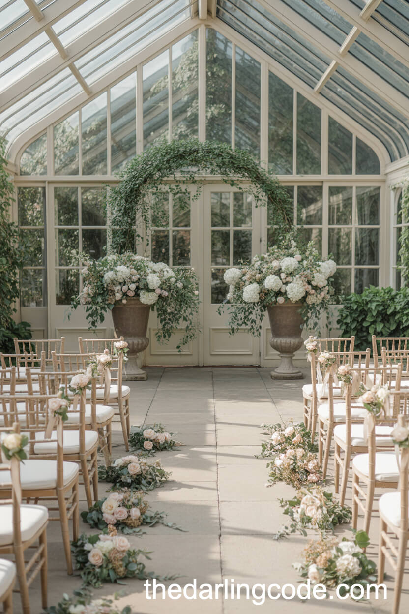 Glass Conservatory Ceremony with Floral Urns and Ribboned Chairs
