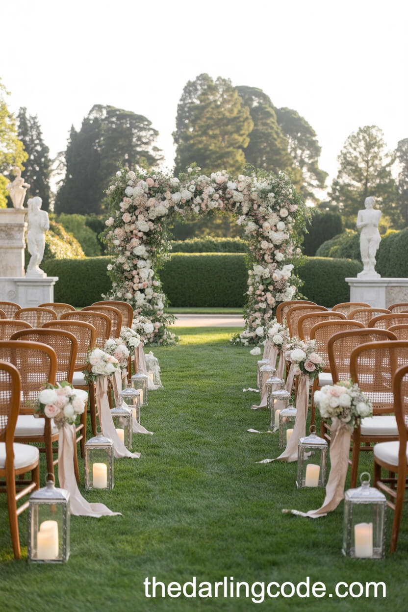 Historic Garden Ceremony with a Floral Arch and Vintage Chairs