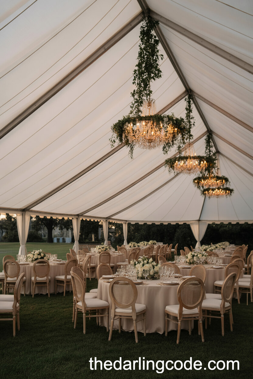 Luxe Estate Tent Reception with Chandelier and Floral Accents