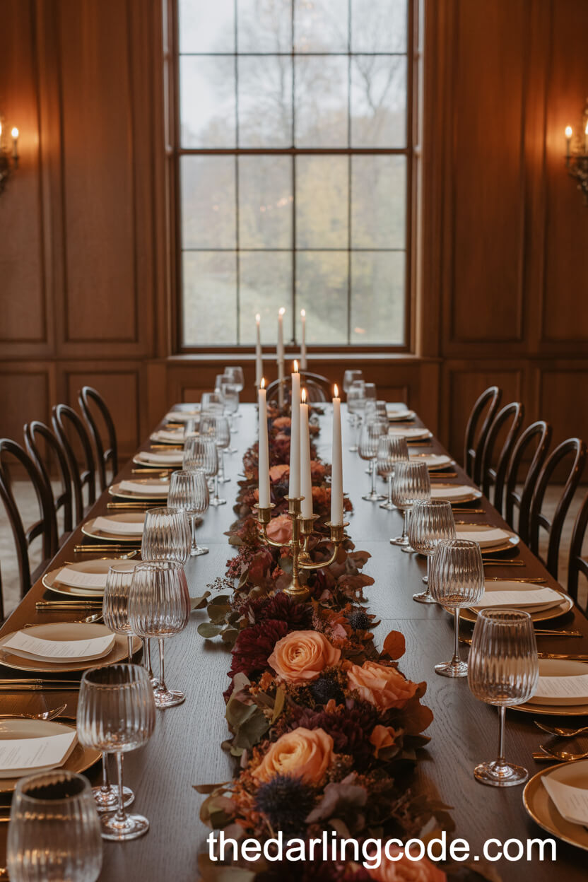 Oak-Paneled Dining Room with Autumnal Flowers and Brass Candles