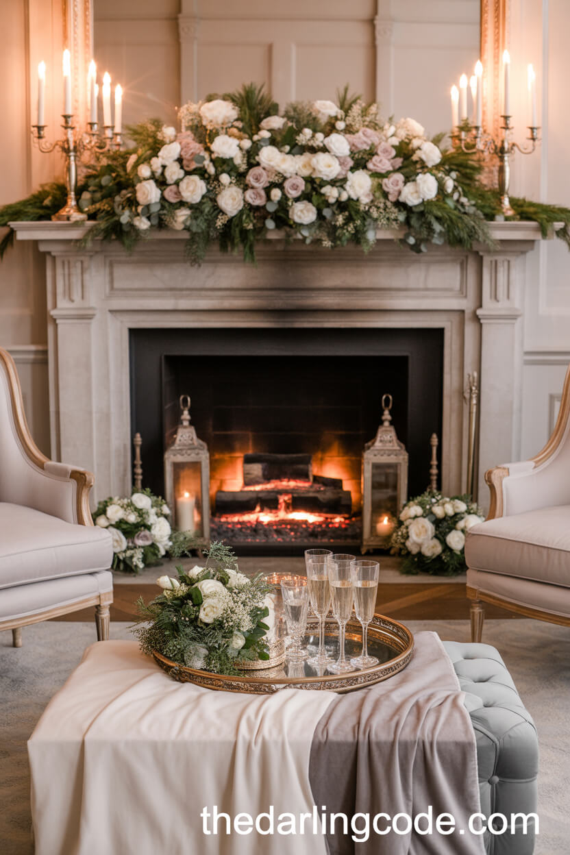 Winter Wedding Lounge with a Lavishly Decorated Stone Fireplace