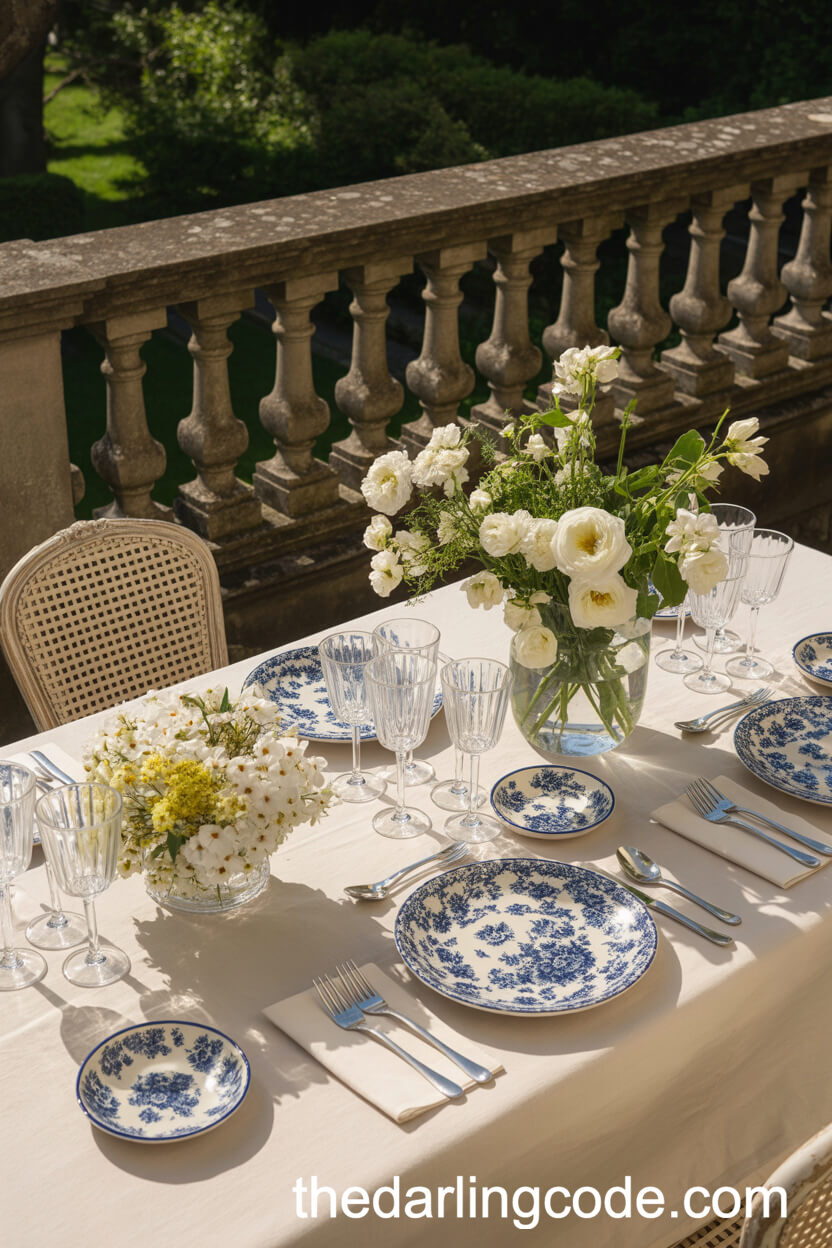Sunlit Terrace Luncheon with Vintage Blue and White China