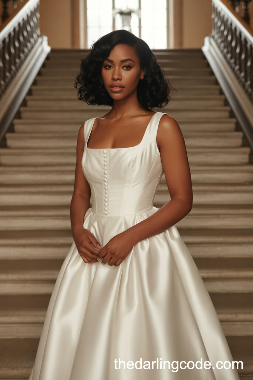 Vintage-Inspired Heavy Satin Square Neck Dress