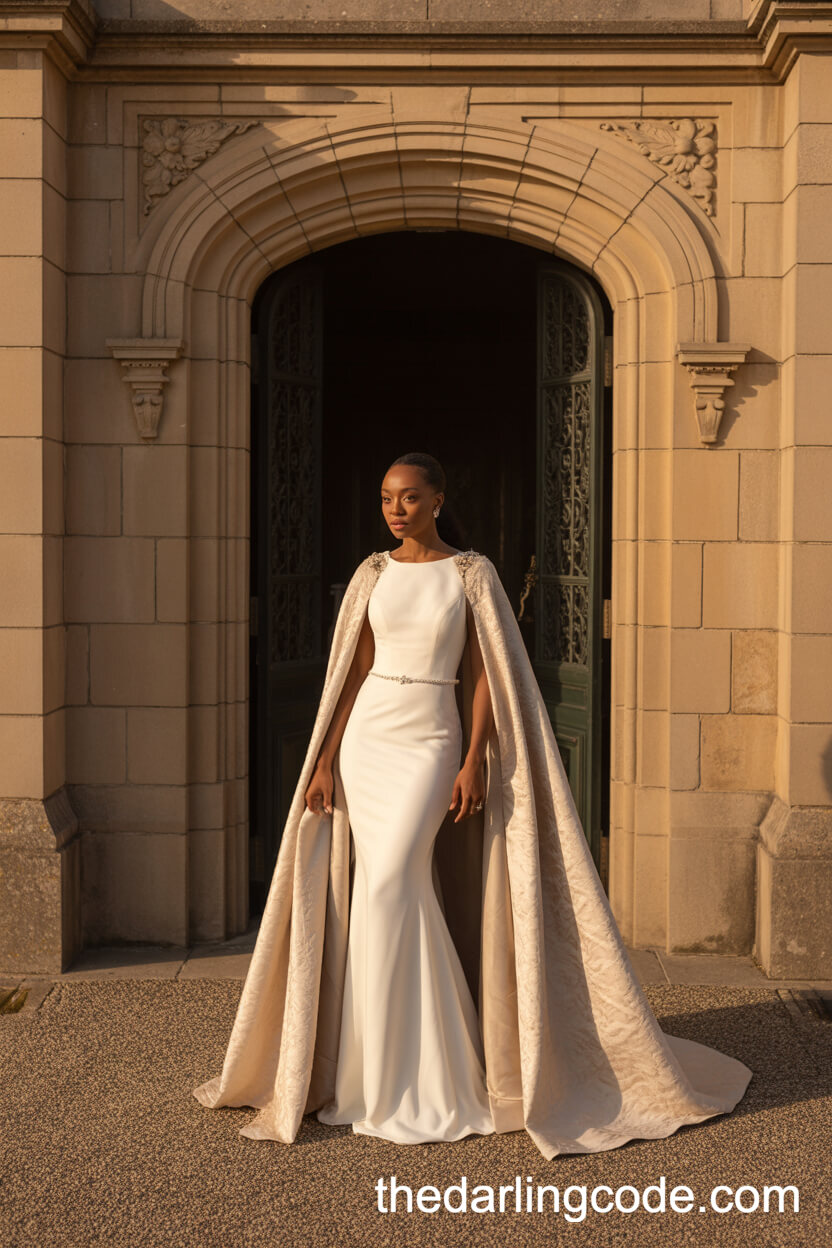 Fitted Ivory Gown With Dramatic Velvet Cape