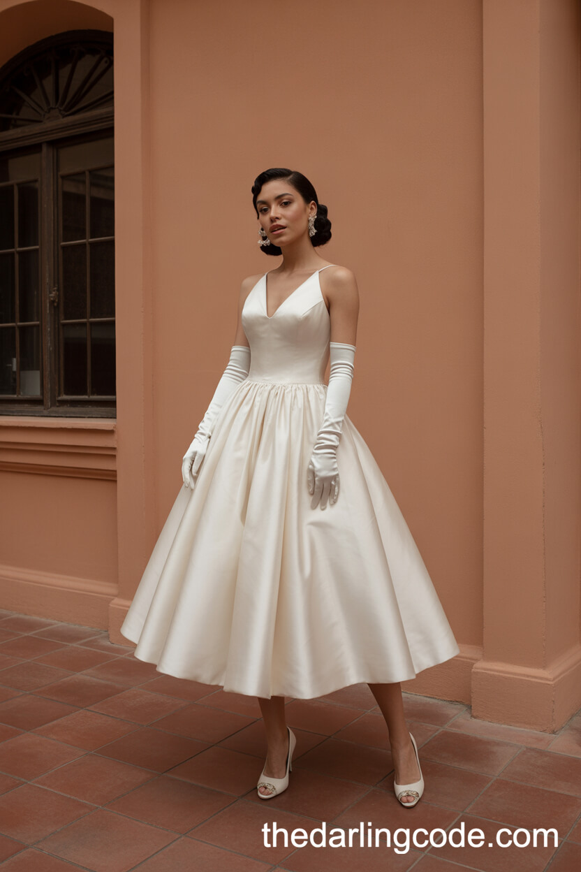 Tea-Length Silk Wedding Dress With Cinched Waist