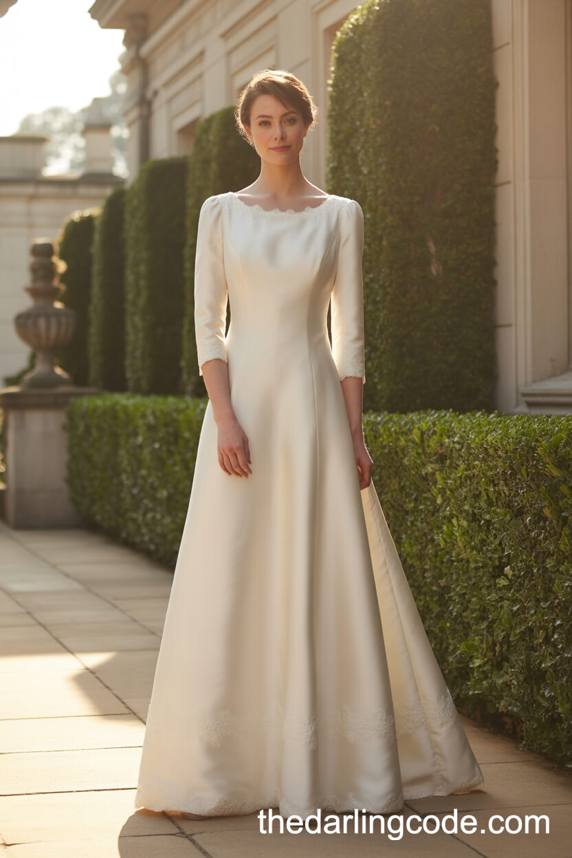 Elegant Silk Gown With Lace Trim And Bateau Neckline
