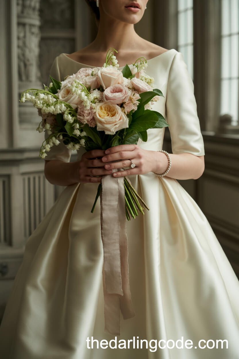 Bride in Luxurious Satin Gown with Heirloom Bouquet
