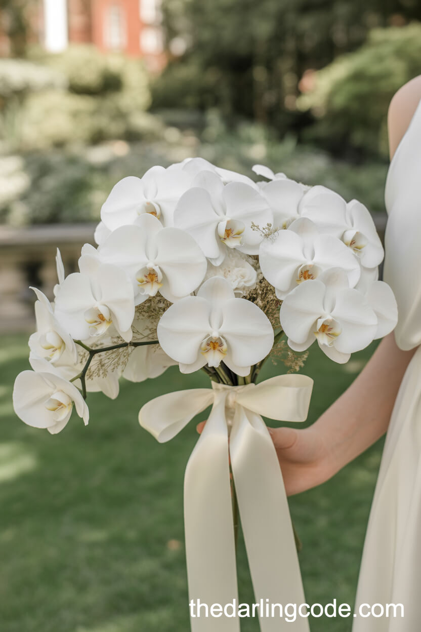 Pure White Phalaenopsis Orchid Hand-Tied Bridal Bouquet